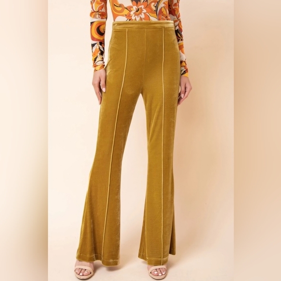 Flying Tomato Pants - NEW Flying Tomato Yellow Flare Pants Velour Bohemian Retro 70s Mustard